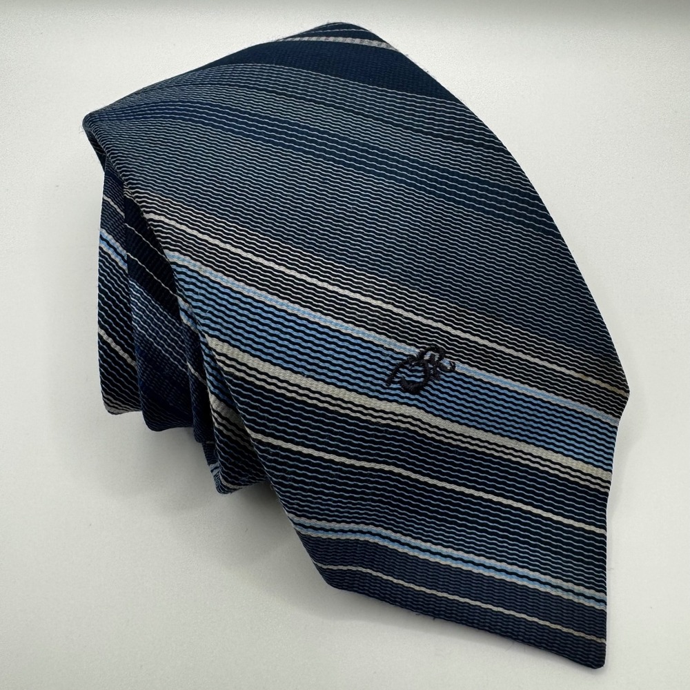 Oscar de la Renta Mens Striped Silk Necktie Navy Blue White Luxury Designer Tie